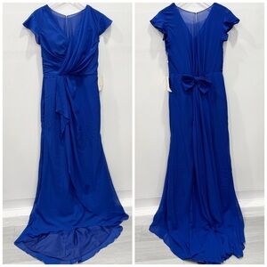 LanTing Cap Sleeve Formal Evening Gown Royal Blue Bow Back Flowy Wrap Front